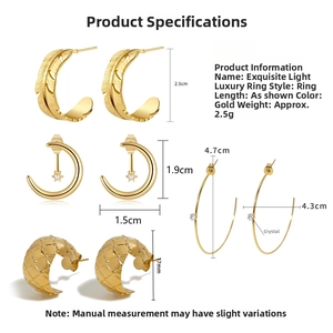 Detailed size and weight chart for assorted 18K gold plated titanium steel C-shape earrings