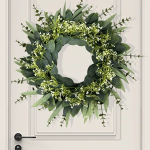 Couronne Eucalyptus Artificielle Feuilles Vertes Fleurs Blanches Plastique Satin Décoration Porte Mur Maison Mariage Moderne