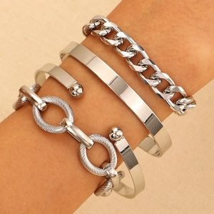 Silver punk hip-hop alloy bracelet set featuring four unique multi-layered metal chains