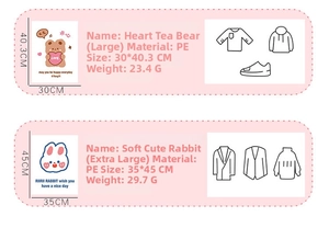 Detailed size comparison of PE travel storage bags with cute bear and rabbit patterns