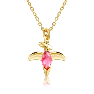 Close-up of 18K gold plated dinosaur necklace with pink marquise zircon and D engraving