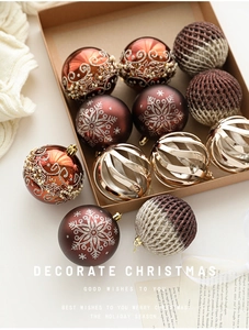Close-up of 8cm Christmas ball set with glitter snowflakes and woven textures
