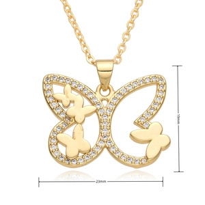 Detailed size view of gold butterfly pendant showing 19mm height and 23mm width dimensions