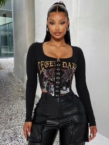 T-Shirt Femme En Tricot Nervuré Manches Longues Col Carré Agrafe Crop Top Imprimé Graphique Slim Fit Vintage Streetwear