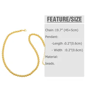 Detailed size chart for the gold bead necklace featuring chain length and bead dimensions