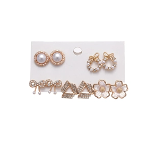 5-pair set of elegant champagne gold earrings with faux pearls, rhinestones, and floral charms