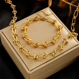 Knotted Chain Necklace And Bracelet Jewelry Set Stainless Steel 18K Gold Plated Punk Hip Hop Style For Men Women