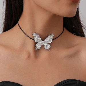 Sparkling butterfly pendant choker with rainbow rhinestones on a black cord necklace