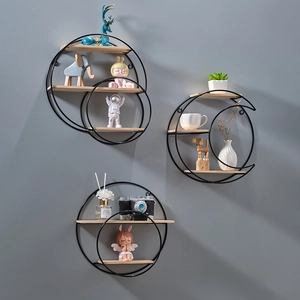 Nordic wall shelf set with black metal frames and wood boards for room decoration