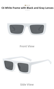 Front and side views of white rectangular frame sunglasses with dark grey lenses