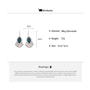 Detailed size chart for vintage silver drop earrings with blue stone and rhinestone tassels