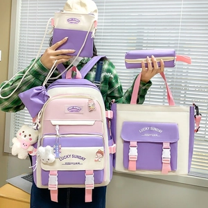 Nylon Large Capacity Backpack Tote Bag Crossbody Bag Pencil Case Color Block Preppy Style School Bags For Teen Girls Cute Charm