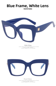 Macro detail of dark blue cat-eye glasses frame with gold metal square hinge accents