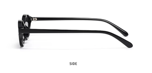 Side view of trendy black oval sunglasses showing temple lines and durable metal hinges