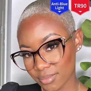 Cat eye TR90 anti-blue light glasses with purple gradient frame and gold metal temples
