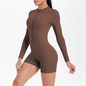 Slim fit brown yoga bodysuit with zipper collar and cut-out back for fitness training