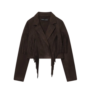 Women Faux Suede Fringe Jacket Short Western Tassel Coat Vintage Bohemian Lapel Zipper Brown Long Sleeve Outerwear