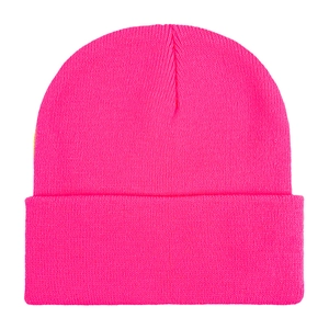 Classic knitted acrylic beanie hat in vibrant fluorescent rose pink color