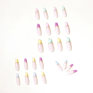 Rainbow French style press-on nails in pastel macaron colors with gold glitter accents