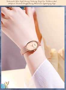 Detail of rose gold oval watch with mesh strap and mother of pearl dial on wrist