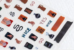 Macro view of 5D thin nail art stickers featuring vintage graffiti and cat illustrations