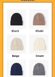 Grid display of ribbed knit beanies in black, khaki, and beige with woven label details