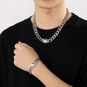 Hip hop silver stainless steel Cuban link necklace and bracelet set with CNC diamond clasp