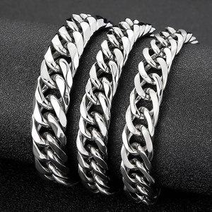 Detailed comparison of three widths for silver polished stainless steel Cuban link bracelets