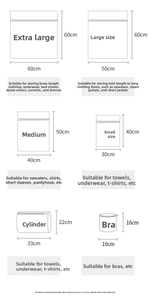 Size chart for laundry bags showing dimensions for bras, t-shirts, and bedding