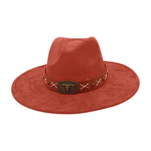 Detail of burgundy wide brim cowboy hat featuring a leather band with steer head buckle