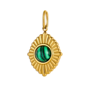 Macro shot of gold sunburst rhodium pendant with inlaid green malachite and top loop