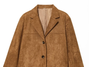 Detailed view of the lapel and front buttons on a brown faux suede jacket for women