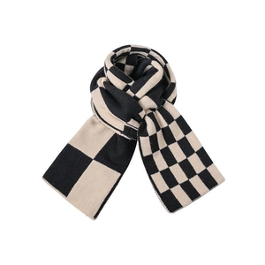 Winter checkered knit scarf in black and beige plaid, professional studio shot on white