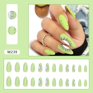 Detail of almond kiwi pattern press-on nails with 24 pieces in model W239