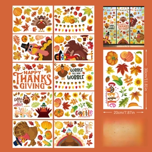 Infographic of 143-piece Thanksgiving static window clings with turkey and pumpkin motifs