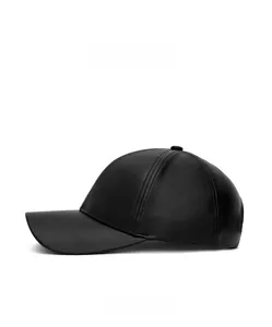 Side view of black PU leather baseball cap showing premium texture and 6-panel design