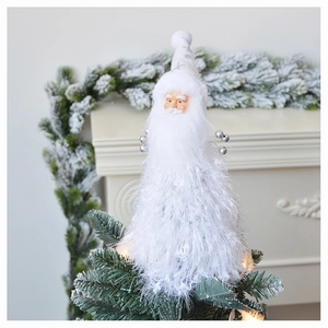 Detailed plush Santa Claus ornament with soft white feathers and warm glowing LED lights