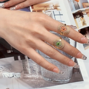 Adjustable gold stainless steel ring set with dried flowers in resin for women