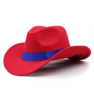 Classic red felt cowboy hat with blue ribbon band and wide curved brim for unisex style