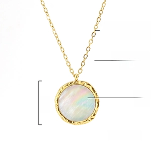 Detailed specs of golden stainless steel necklace with 18mm natural shell coin pendant