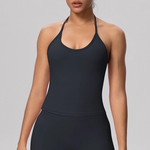 Front view of black halter yoga tank top with tight fit and professional stitching