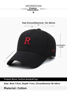Dettaglio del cappellino in cotone con ricamo R rosso e dimensioni precise del prodotto