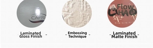 Detailed comparison of glossy lamination, embossed textures and matte finish coatings
