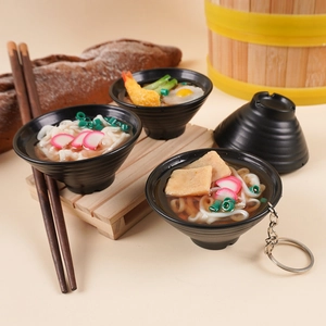 Set of 7cm artificial udon ramen bowls with realistic toppings and metal keychain