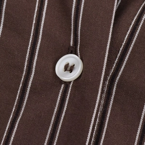 Vertical striped brown button-down shirt with turn-down collar and batwing sleeves