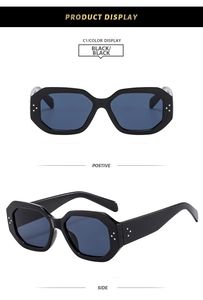 Polygonal matte black frame sunglasses showing positive and side view product details