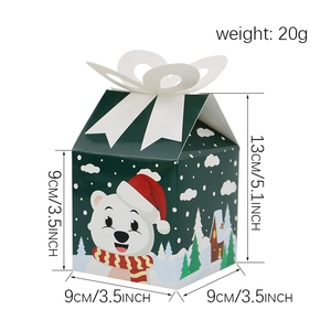 Forest green Christmas candy gift box with polar bear illustration and dimensions 9x9x13cm
