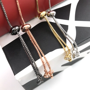 Adjustable box chain bracelets in black, rose gold, gold, and silver with slider beads