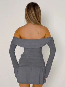 Y2K off-shoulder long sleeve mini dress in dark grey with pleated ruffle detail