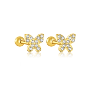 Exquisite gold S925 silver butterfly stud earrings with white zircon stones on white background
